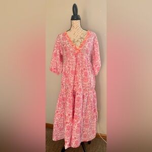 Debbie Katz Medium Pink Floral V-Neck Dress Boho